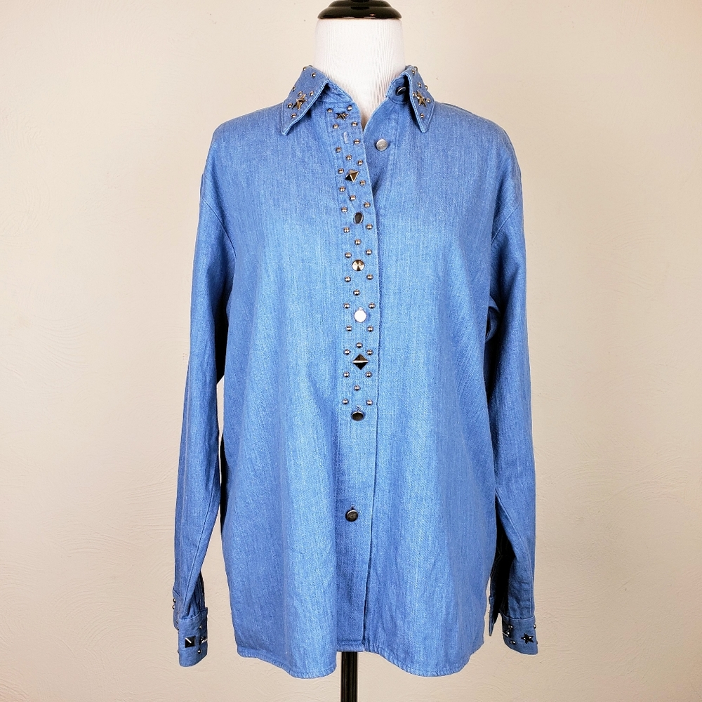 Vintage Denim Shirt On the Verge Studded Blue Boho Western Southwestern 90s